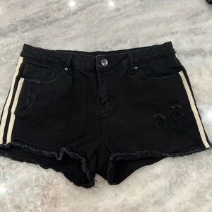 TRACTR BLU Black Denim Side White Striped Frayed Hem Shorts